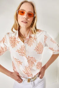 Olalook Women's Bush Orange Sleeve Folded Linen Shirt - Image 3
