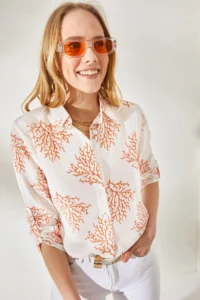 Olalook Women's Bush Orange Sleeve Folded Linen Shirt - Image 4