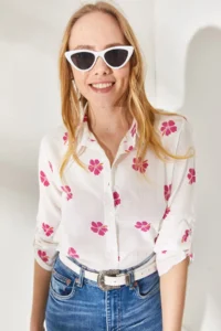 Olalook Women's Daisy Fuchsia Sleeve Folded Linen Shirt - Image 2