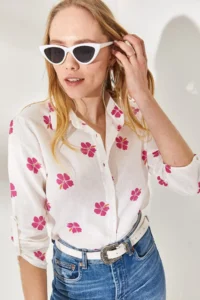 Olalook Women's Daisy Fuchsia Sleeve Folded Linen Shirt - Image 3