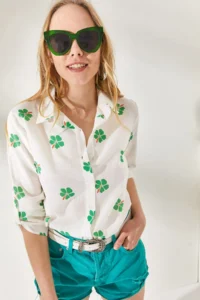 Olalook Women's Daisy Green Sleeve Folded Linen Shirt - Image 2