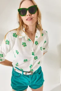 Olalook Women's Daisy Green Sleeve Folded Linen Shirt - Image 3