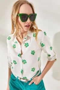 Olalook Women's Daisy Green Sleeve Folded Linen Shirt - Image 4