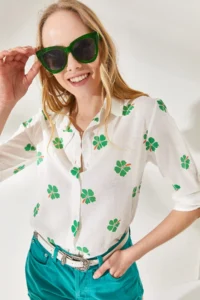 Olalook Women's Daisy Green Sleeve Folded Linen Shirt - Image 5