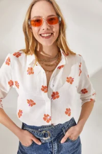 Olalook Women's Daisy Orange Sleeve Folded Linen Shirt - Image 2