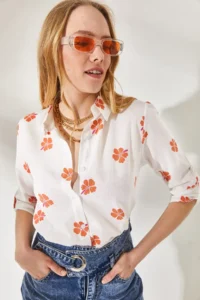 Olalook Women's Daisy Orange Sleeve Folded Linen Shirt - Image 3