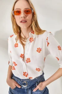 Olalook Women's Daisy Orange Sleeve Folded Linen Shirt - Image 4