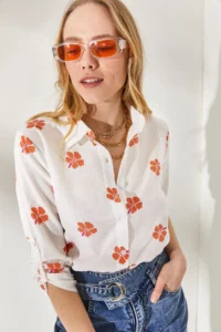 Olalook Women's Daisy Orange Sleeve Folded Linen Shirt - Image 5