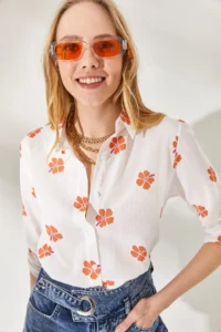 Olalook Women's Daisy Orange Sleeve Folded Linen Shirt - Image 6