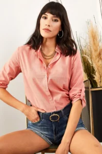 Olalook Women Dusty Rose Kol folded Linen Shirt - Image 4