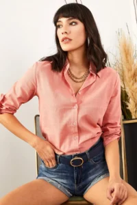 Olalook Women Dusty Rose Kol folded Linen Shirt - Image 5