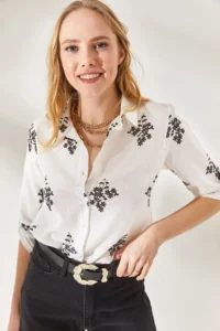 Olalook Women's Floral Black Sleeve Folded Linen Shirt - Image 2