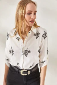 Olalook Women's Floral Black Sleeve Folded Linen Shirt - Image 3