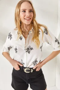 Olalook Women's Floral Black Sleeve Folded Linen Shirt - Image 4