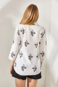 Olalook Women's Floral Black Sleeve Folded Linen Shirt - Image 5