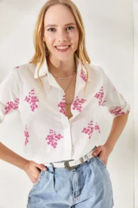 Olalook Women's Floral Fuchsia Sleeve Folded Linen Shirt - Image 2