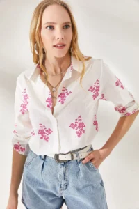 Olalook Women's Floral Fuchsia Sleeve Folded Linen Shirt - Image 3