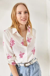 Olalook Women's Floral Fuchsia Sleeve Folded Linen Shirt - Image 4