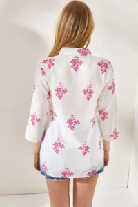 Olalook Women's Floral Fuchsia Sleeve Folded Linen Shirt - Image 5