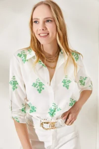 Olalook Women's Floral Green Sleeve Folded Linen Shirt
