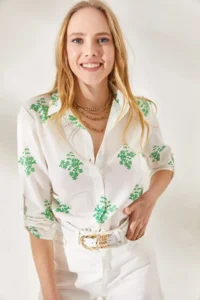 Olalook Women's Floral Green Sleeve Folded Linen Shirt - Image 2