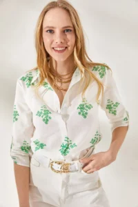 Olalook Women's Floral Green Sleeve Folded Linen Shirt - Image 3