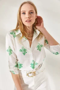 Olalook Women's Floral Green Sleeve Folded Linen Shirt - Image 4