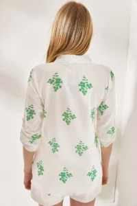 Olalook Women's Floral Green Sleeve Folded Linen Shirt - Image 5