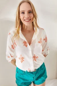Olalook Women's Floral Orange Sleeve Folded Linen Shirt - Image 2