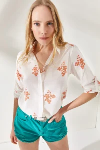 Olalook Women's Floral Orange Sleeve Folded Linen Shirt - Image 3