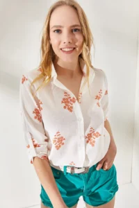 Olalook Women's Floral Orange Sleeve Folded Linen Shirt - Image 4