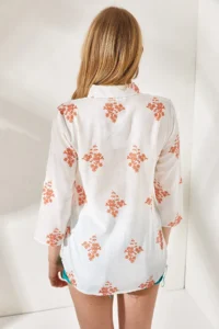 Olalook Women's Floral Orange Sleeve Folded Linen Shirt - Image 5