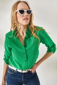 Olalook Women's Grass Green Sleeve Folded Linen Shirt