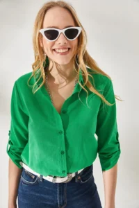 Olalook Women's Grass Green Sleeve Folded Linen Shirt - Image 2