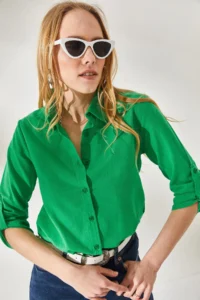 Olalook Women's Grass Green Sleeve Folded Linen Shirt - Image 3