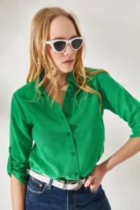 Olalook Women's Grass Green Sleeve Folded Linen Shirt - Image 4