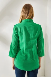 Olalook Women's Grass Green Sleeve Folded Linen Shirt - Image 5