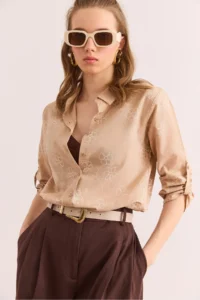 Olalook Women's Ivy Beige Sleeve Folded Linen Shirt