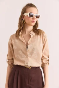 Olalook Women's Ivy Beige Sleeve Folded Linen Shirt - Image 3