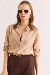 Olalook Women's Ivy Beige Sleeve Folded Linen Shirt - Image 4
