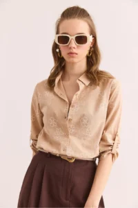 Olalook Women's Ivy Beige Sleeve Folded Linen Shirt - Image 5