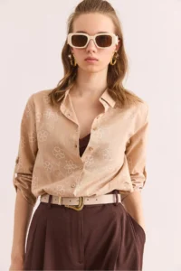 Olalook Women's Ivy Beige Sleeve Folded Linen Shirt - Image 6