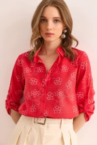 Olalook Women's Ivy Red Sleeve Folded Linen Shirt