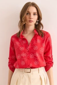 Olalook Women's Ivy Red Sleeve Folded Linen Shirt - Image 3