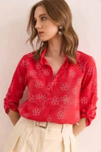 Olalook Women's Ivy Red Sleeve Folded Linen Shirt - Image 4