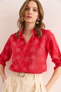 Olalook Women's Ivy Red Sleeve Folded Linen Shirt - Image 5