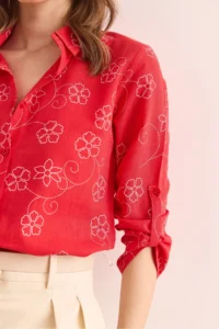 Olalook Women's Ivy Red Sleeve Folded Linen Shirt - Image 6