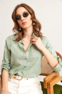 Olalook Women's Ivy Green Sleeve Folded Linen Shirt - Image 5