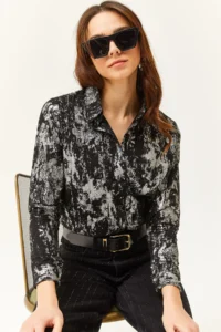 Olalook Women's Lame Black Sleeve Folded Linen Shirt