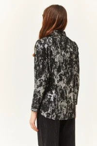 Olalook Women's Lame Black Sleeve Folded Linen Shirt - Image 2